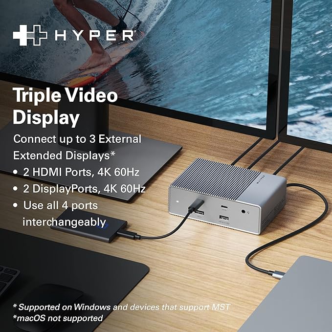 HyperDrive USB-C & Thunderbolt 4 GEN2 15-in-1 Docking Station for MacBook, iPad, PC - HDMI or DP, Up to 3 Extended Displays, High-Speed USB Data Transfer
