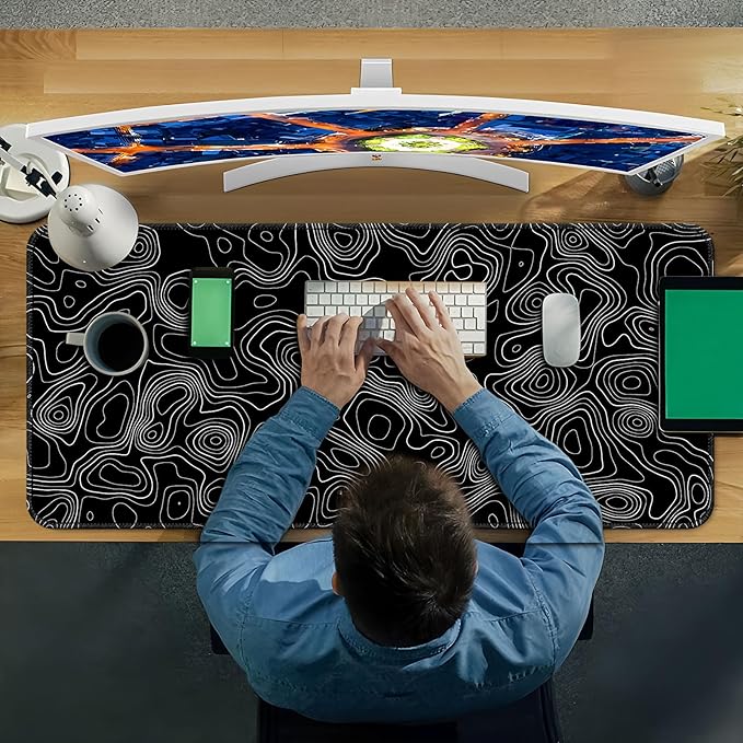 Desk Mat,Large Gaming Mouse Pad 35''×15.6'' XXL Extended Mouse Pad Mat Desk Pad with Non-Slip Base Mousepad for Computer,Office,Keyboard and Laptop - Topographic Black and White