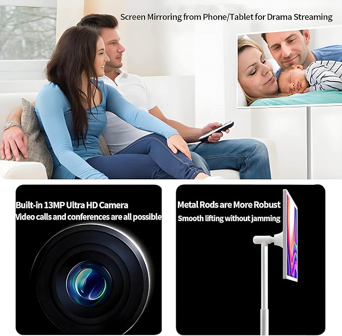 32/24/22-Inch Portable Touchscreen TV on Wheels, Wireless 1080P Monitor, Android 12 OS, Built-in Battery, Full Swivel Rotation, Remote Control, 8-Core, 8GB RAM, 128GB Storage, 4K Display