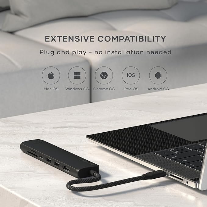 Satechi 7 in 1 USB C Hub Multiport Adapter with Ethernet, HDMI 4K@60Hz, 100W PD Charging, 2X USB-A Data Ports, Micro/SD Card Readers for MacBook Air/Pro/Neo, iPad Air/Pro, Windows - Black