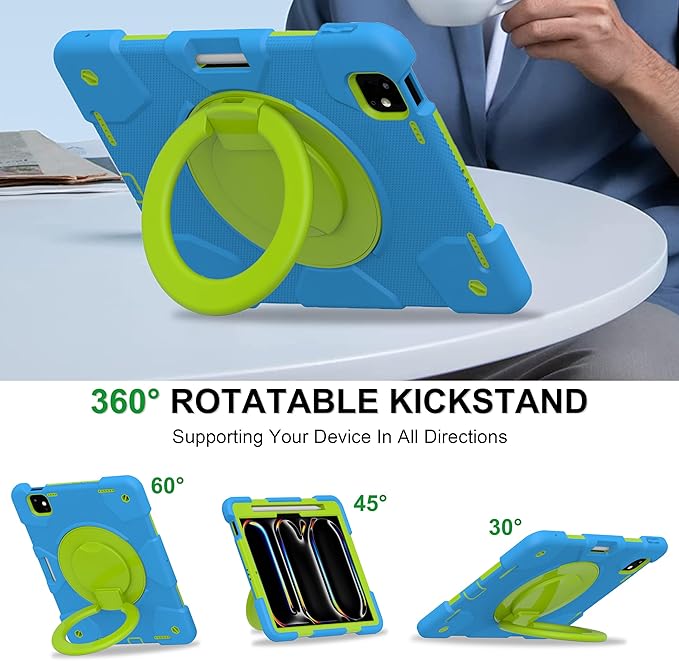 Andnary Case for iPad Pro 11 Inch M4 2024/M5 2025 Case, Heavy Duty Shockproof Cover with Screen Protector/360° Rotate Stand/Shoulder Strap/Pencil Holde (Blue+Green, iPad Pro M4/M5 11 inch)