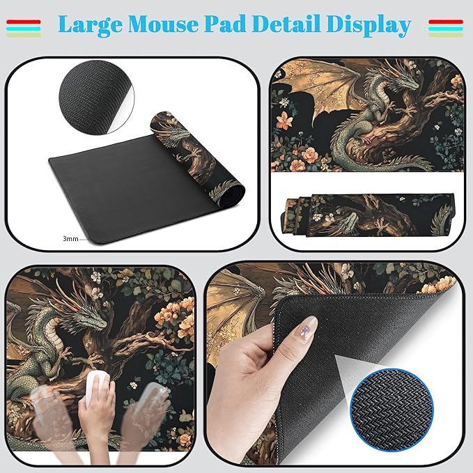 Desk Mat Cute Enchanted Forest Dragon Kawaii Mouse Pad XXL Large Extended Vintage Academia Anime Desk Pad, Cozy Computer Playmat Laptop Keyboard and Mouse Mat with Stitched Edges, 31.5x15.7 in