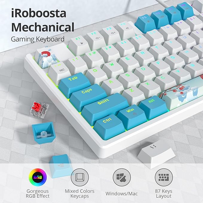 75% Mechanical Gaming Keyboard with Red Switch, RGB LED Backlit Keyboard White and Blue, 87 Keys Compact TKL Wired Computer Keyboard for Windows Laptop PC Gamer (87 Sea)