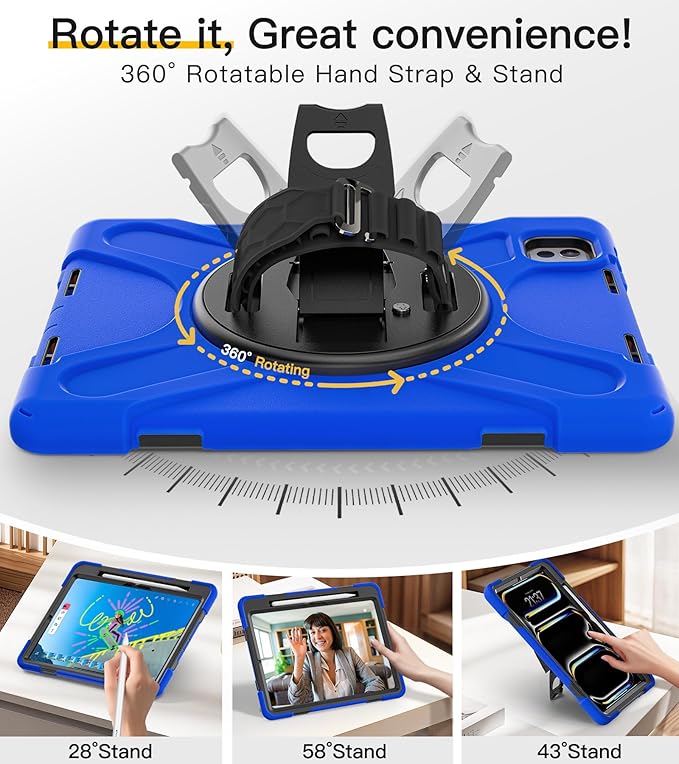 BRAECN Case for iPad Pro 11 inch M5 2025 & M4 2024, 4 Layers Heavy Duty Full-Body Protection Screen Protector Pencil Holder, 360° Rotating Handle Kickstand, Shoulder Strap Kids Friendly