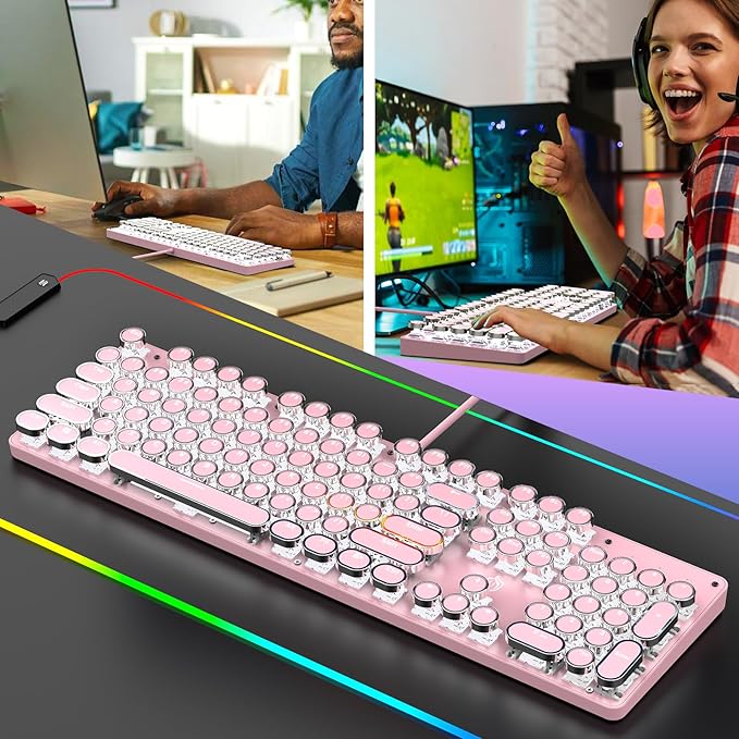 Typewriter Mechanical Gaming Keyboard with RGB Backlit Red Switches, 104 Keys Retro Round Keycap, Wired Typewriter Style Comfortable Typing Soud (Pink)
