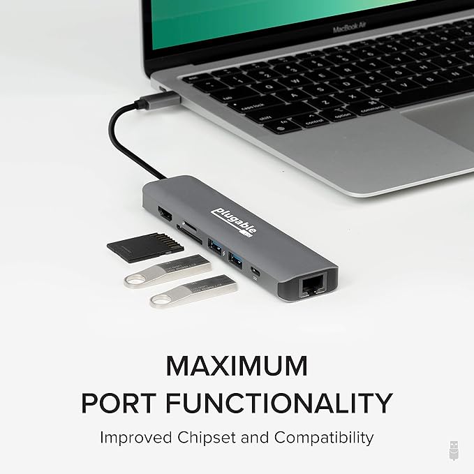 Plugable 7-in-1 USB C Hub Multiport Adapter with Ethernet Driverless Compatibility with Mac, Windows, iPhone 15, Chromebook, USB4, Thunderbolt, 100W Charging, Ethernet, 4K60Hz HDMI, 2X USB, SD/microSD