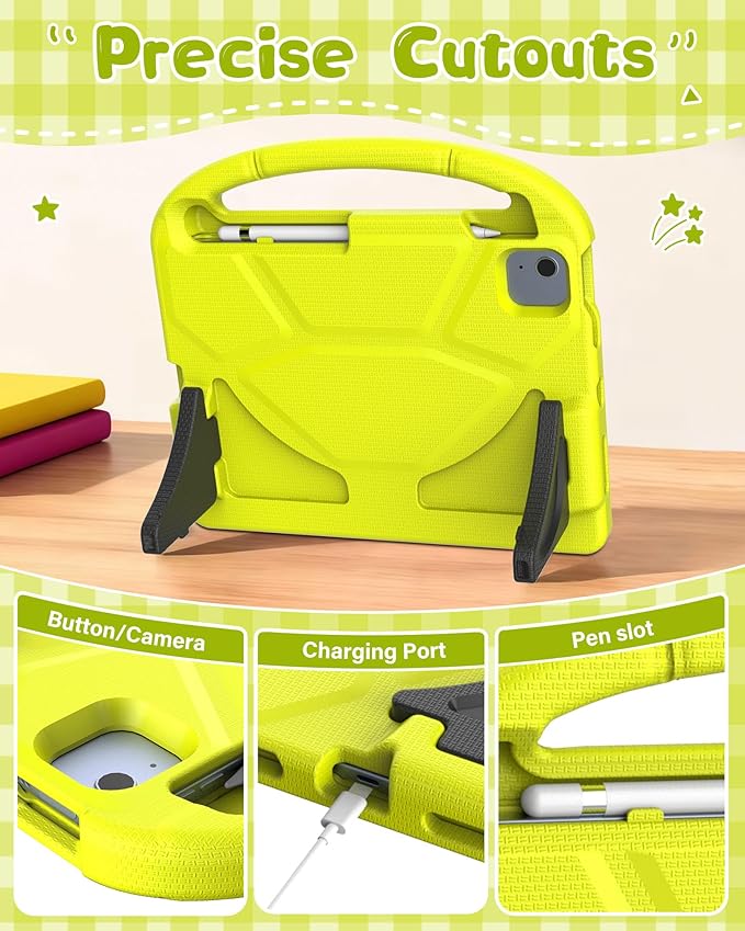 Kids Case for iPad A16 11th Gen 11-Inch 2025 & iPad 10th Generation (10.9" 2022), Durable Shockproof Fully-Body Cover with Screen Protector/Pencil Holder/Stand/Handle for Kids, Light Yellow