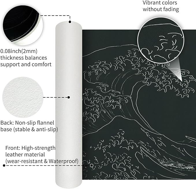 Japanese Gaming Mouse Pad Abstract Black Mouse Pad Clearance Overstock Limited Stock Discontinued Size 31.5x11.8 Inch Black Sea Wave Texture Non-Slip Keyboard Mouse Mat