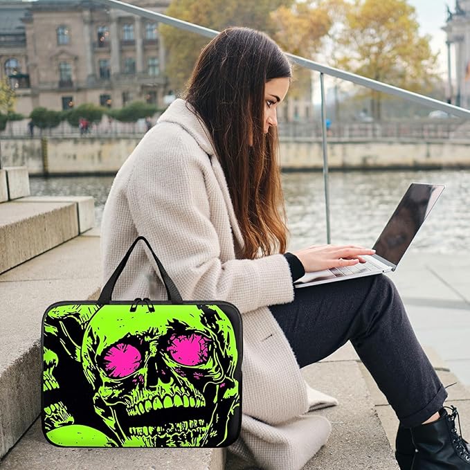 Laptop Sleeve Case Bag 15 inch, Neon Green Skull Slim Carrying Case Handbag Travel Laptop Bag for 15 inch MacBook Air M3/M2/15 Pro/Surface Laptop 7/6/5/4/3/ Dell XPS 15 Plus
