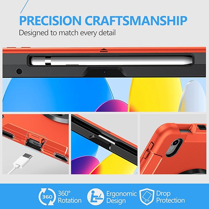 Case for iPad (A16) 11th/10th Generation Case: Protective Cover for iPad 11th Gen 11 Inch 2025 &10th Gen 10.9" 2022 with Screen Protector- Stand- Shoulder Strap- Handle- Pencil Holder-Orange