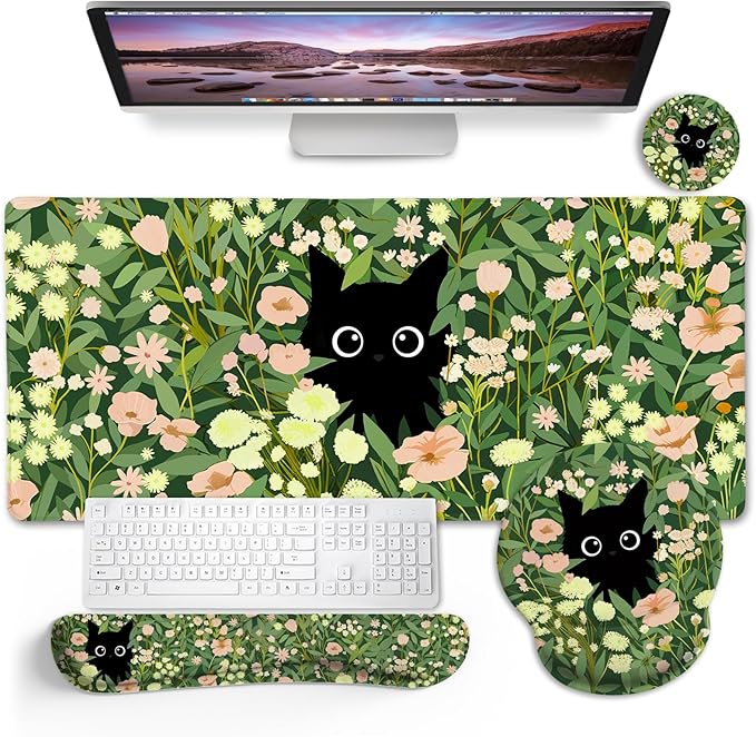 Blusabaca Black Cat Mouse Pad Desk Mat, Large Gaming Mouse Pad with Wrist Rest, Keyboard Pad Wrist Rest, Cup Coaster, Work Home Desk Accessories