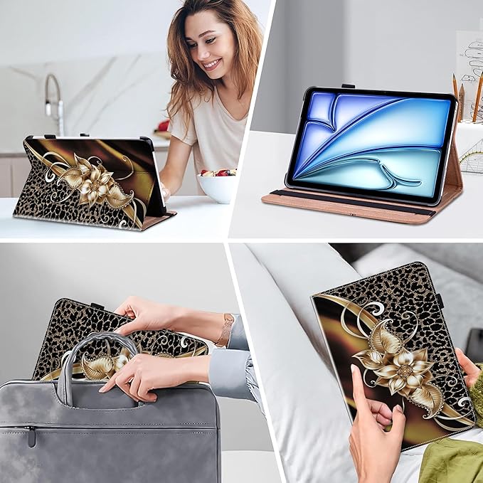 Case for iPad Air 13 inch M4 2026/M3 2025/M2 2024 with Pencil Holder & Card Slots & Auto Sleep, Embossed PU Leather Stand Magnetic Shockproof Cover Case for iPad Air 13 - Metallic Flower