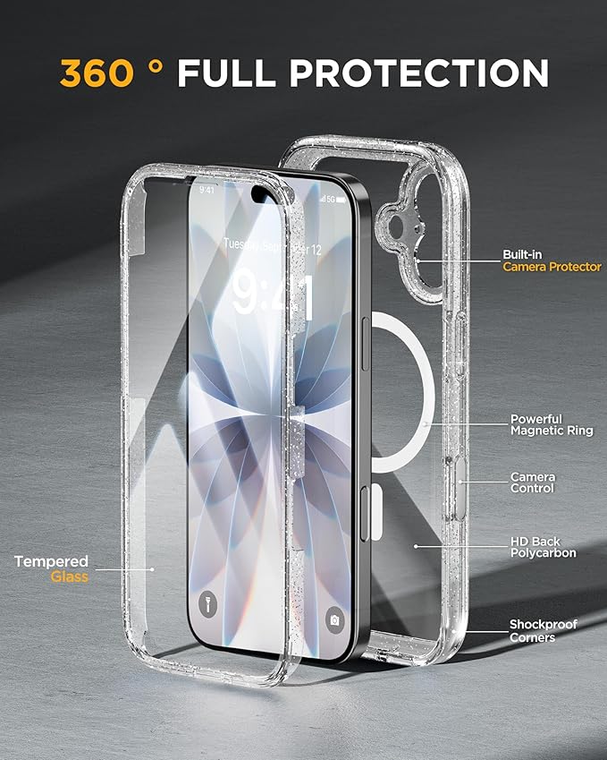 Miracase for iPhone 17 Case 6.3'', Full-Body Military Drop Protection Outdoor Phone case with Built-in Glass Screen &Camera Control,Easy Installation,No Gap,Compatible with MagSafe,Clear Glitter