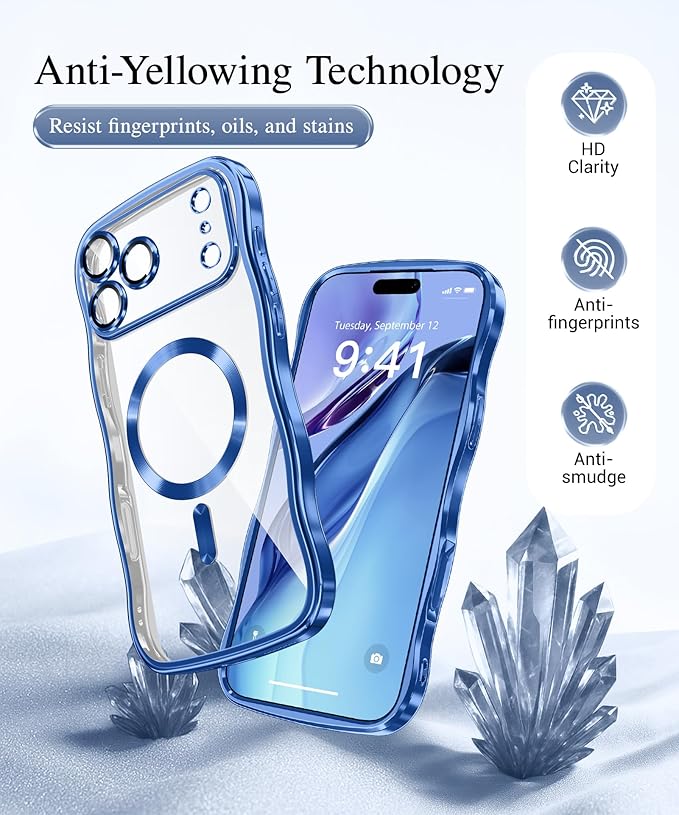 GVIEWIN for iPhone 17 Pro Case Compatible with MagSafe, Upgraded [Full Camera Protection][Cute Wave Frame][Military Grade Protection] Electroplated Hard Phone Cover for Women Girl, Clear/Blue