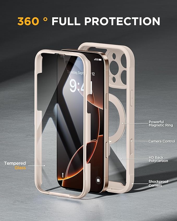 Miracase for iPhone 16 Pro Max Case with 360° Magnetic Ring Stand [Compatible with Magsafe] Full-Body Drop Proof Bumper Phone Case with Built-in 9H Tempered Glass Screen Protector,Desert
