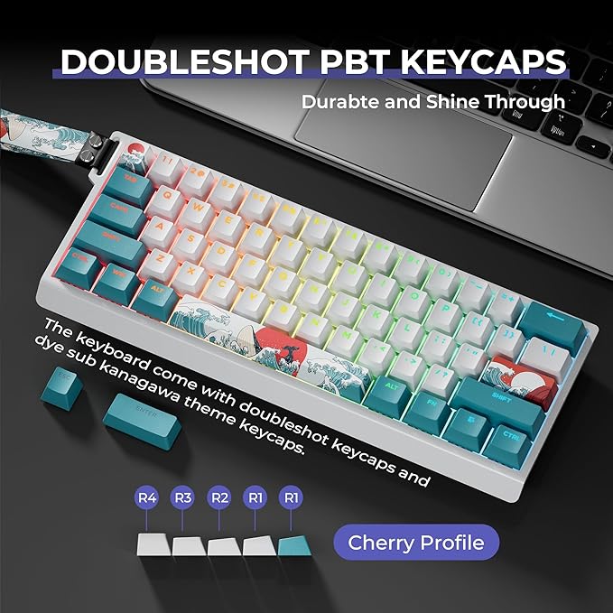 HITIME x XVX 60% Percent Keyboard with Strap, H61 Wired Aluminum Gaming Keyboard, Hot Swappable, Kanagawa Anime PBT Keycaps, RGB Backlit, Cherry Profile, Sound Absorbing Pads, Creamy Linear Switch