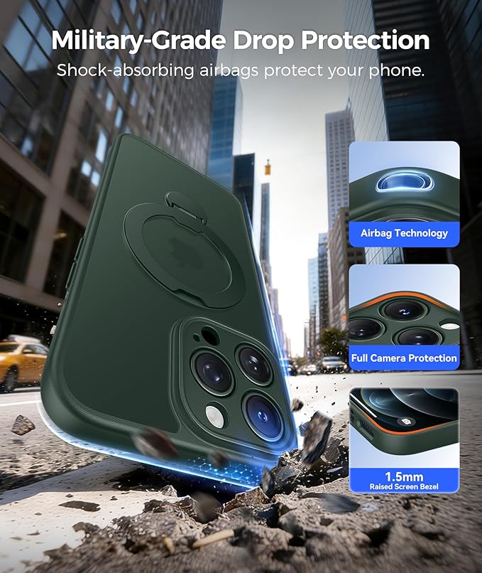FNTCASE for iPhone 12 Pro-Max Case: [360 Spin Magnetic Stand] [Compatible with Magsafe] [Screen Protector] Translucent Matte Military Grade Shockproof Full Camera Protective Phone Cover - Green