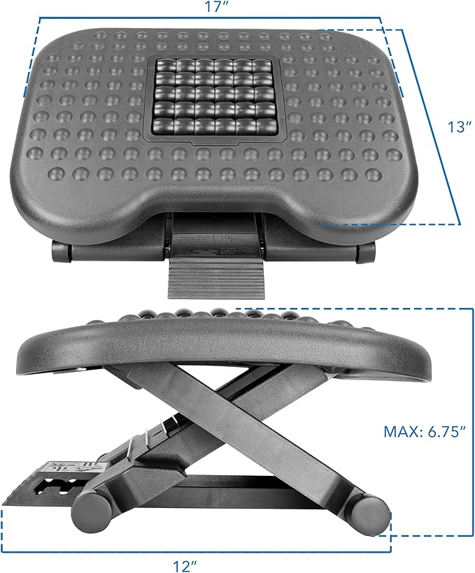 Mount-It! Ergonomic Under Desk Footrest with Massage Rollers, Adjustable Height & 30° Tilt Foot Rest Under Desk (4.25"–6.75"), Office Foot Stool with Non Slip Surface