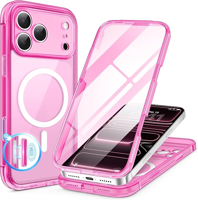 BERFY for iPhone 17 Pro Max Case, Compatible with MagSafe, Built-in Glass Screen Protector, Camera Protection, Shockproof Full Body Phone case 6.9", Clear Bright Pink