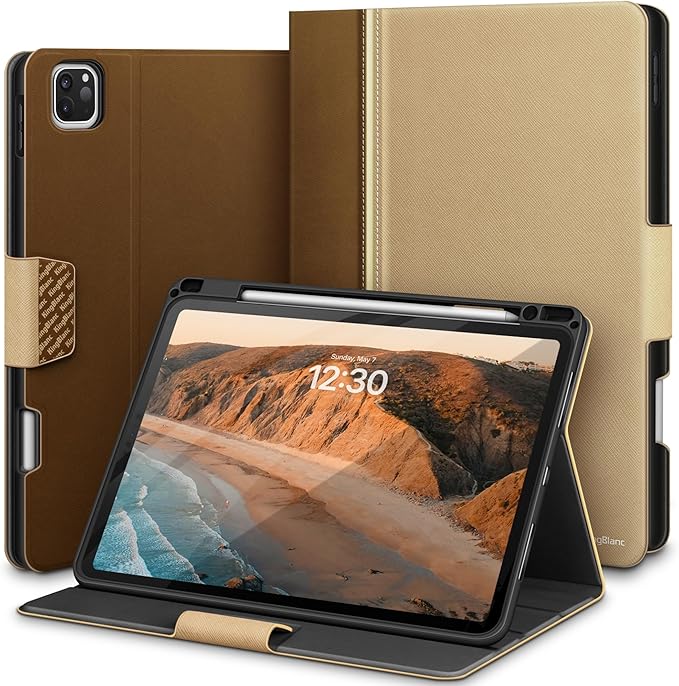 KingBlanc for iPad Pro 12.9 Case 6th/5th/4th/3rd Generation (2022/2021/2020) with Pencil Holder, PU Leather Smart Stand Cover, Auto Sleep/Wake, Apple Pencil2 Charging, Multi-Angle for Typing, Beige