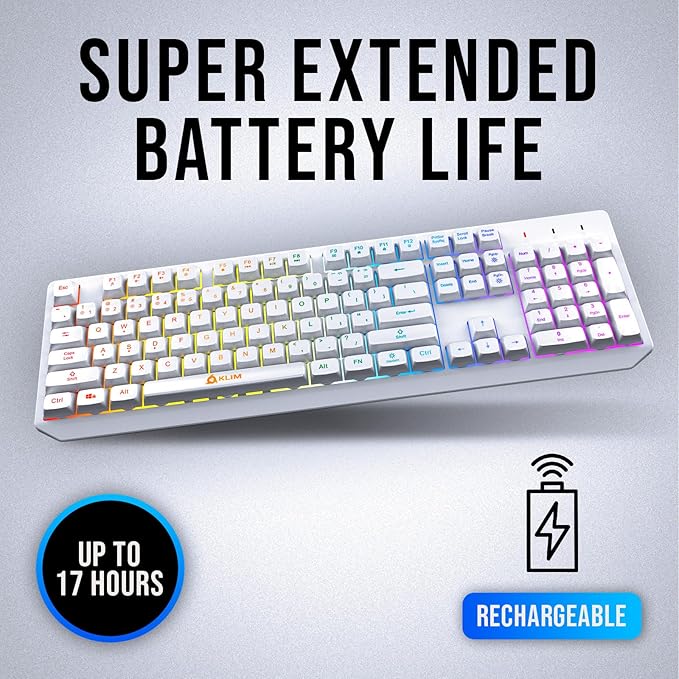 KLIM Chroma White Wireless Keyboard – RGB Backlit, Rechargeable Battery, Wireless Keyboard with Water-Resistant Durable Design, Compatible with PC, Mac, PS4, PS5