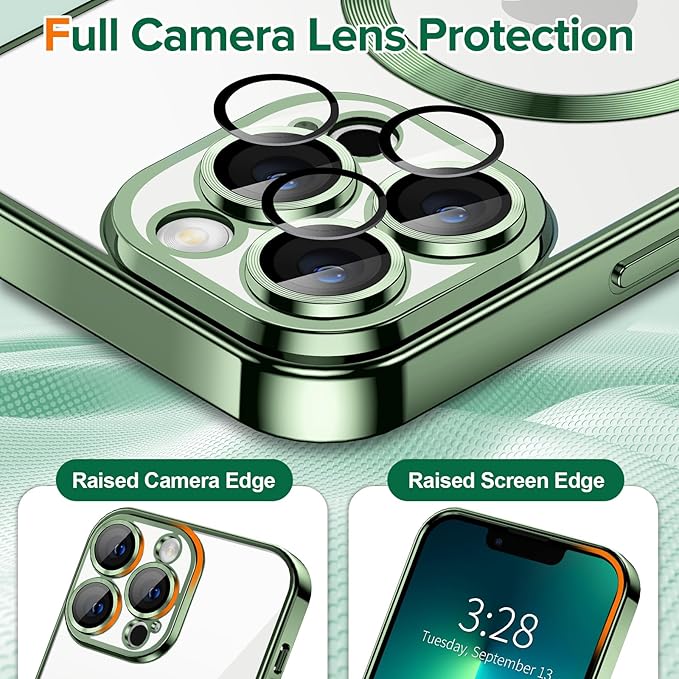 Hython Magnetic Clear for iPhone 13 Pro Max Case with Camera Lens Protector [Compatible with MagSafe] Plating Edge Slim Soft TPU Cover Protective Phone Case for iPhone 13 Pro Max 6.7", Deep Green