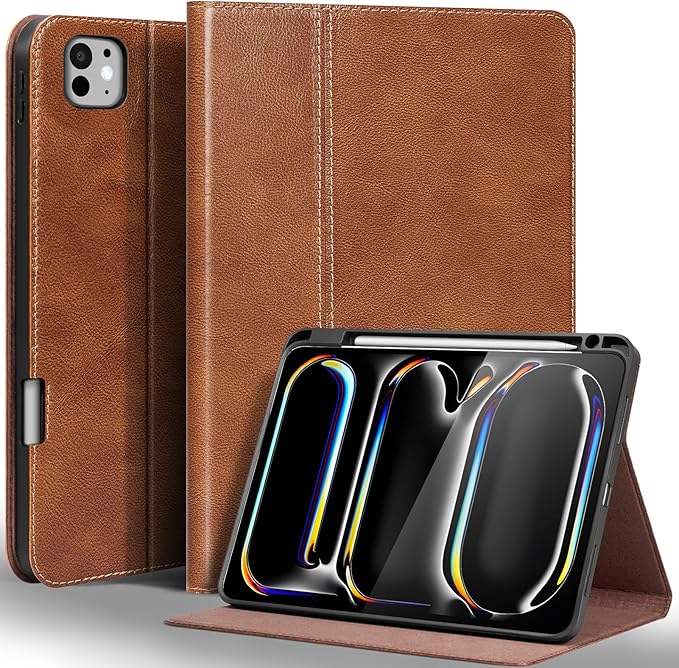 Gexmil Genuine Leather Case for iPad Pro 11 Inch (M5/M4) 2025/2024 with Pencil Holder,Protective Shockproof Leather Smart Folio Cover Adjustable Stand Auto Sleep/Wake Anti-Slip,Vegetable Tanned Brown