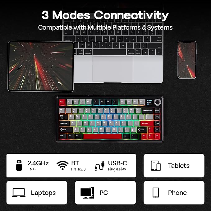 MechLands Aula F75 MAX Wireless Gaming Keyboard with Screen & Knob, 75% Hot Swappable Mechanical Keyboard with Creamy Gasket, RGB Backlits, NKRO for Win/Mac/Linux (Black Red)