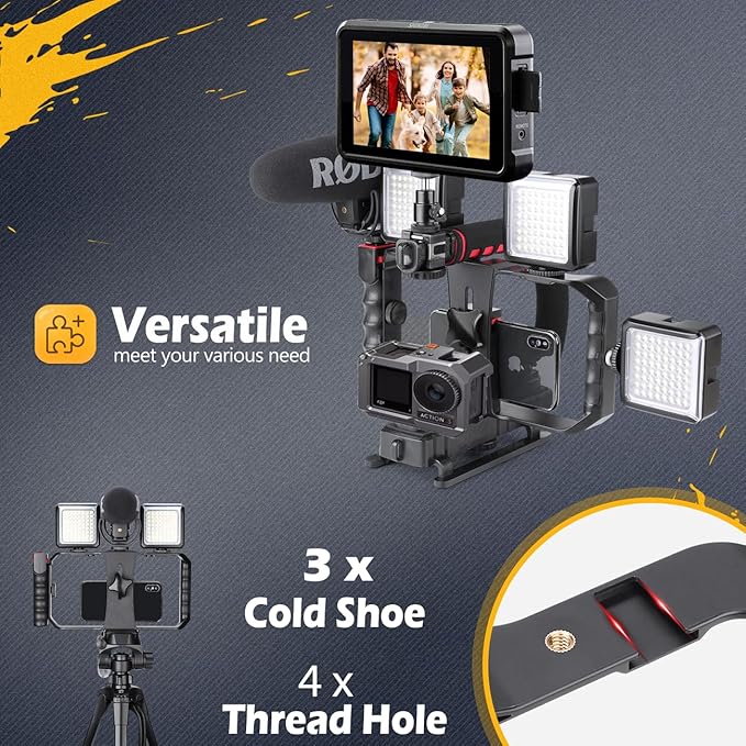 Zeadio Camera Smartphone Handheld Stabilizer, Triple Cold-Shoe Handle Grip Compatible with All Camera Action Camera DSLR Smartphone