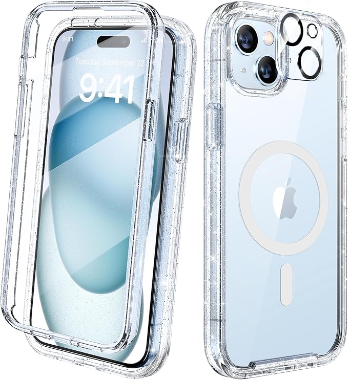 Diaclara Magnetic Designed for iPhone 15 Case, Compatible with MagSafe Built-in Touch Sensitive Anti-Scratch Screen Protector, with Camera Lens Protector for iPhone 15 6.1" (Full Clear Glitter)