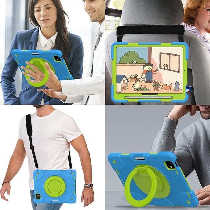 Andnary Case for iPad Pro 11 Inch M4 2024/M5 2025 Case, Heavy Duty Shockproof Cover with Screen Protector/360° Rotate Stand/Shoulder Strap/Pencil Holde (Blue+Green, iPad Pro M4/M5 11 inch)