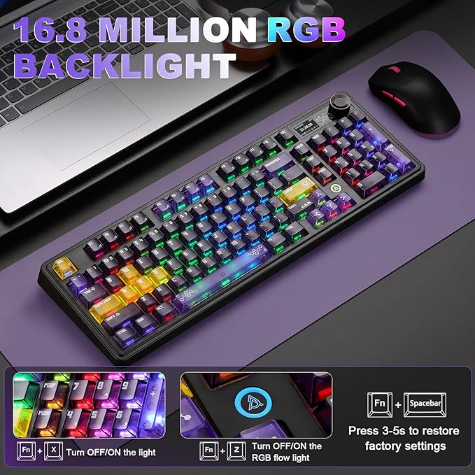 AJAZZ AK980 V2 Pro Wireless Mechanical Keyboard, 10000mAh Battery & Dual 8000Hz Polling Rate,Tri-Mode Gaming Keyboard with Smart Display/Knob, Hot Swappable for Win/Mac (Purple,Lychee Switch)