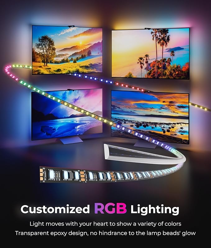DeckTok TV Backlight LED 15ft - TV Backlight Sync to Screen PC Monitor for 55-75 Inch RGB LED Strip Lights Cuttable with Sensor Smart App Control Game & Music Sync Color Changing Light for Home Decor