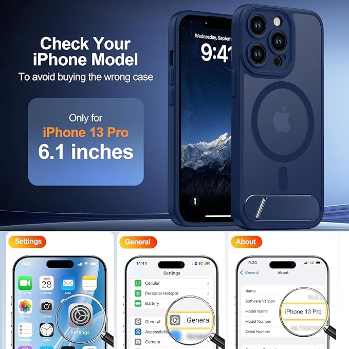 Magnetic Compatible with iPhone 13 Pro Case, [Built-in Kickstand][Full Camera Protection][Compatible with MagSafe][Anti-Fingerprint] Shockproof Phone Case for iPhone 13 Pro 6.1",Blue