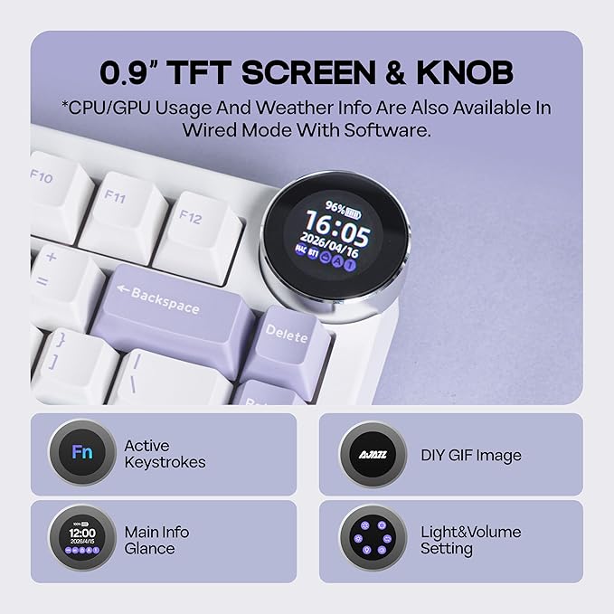 MechLands AJAZZ AK820V2 75% Wireless Gaming Keyboard with 0.9” TFT Display Screen & Knob, Gasket Mechanical Creamy Keyboard with 10000mAh Battery, Hot Swappable, RGB for Win/Mac (White Purple)