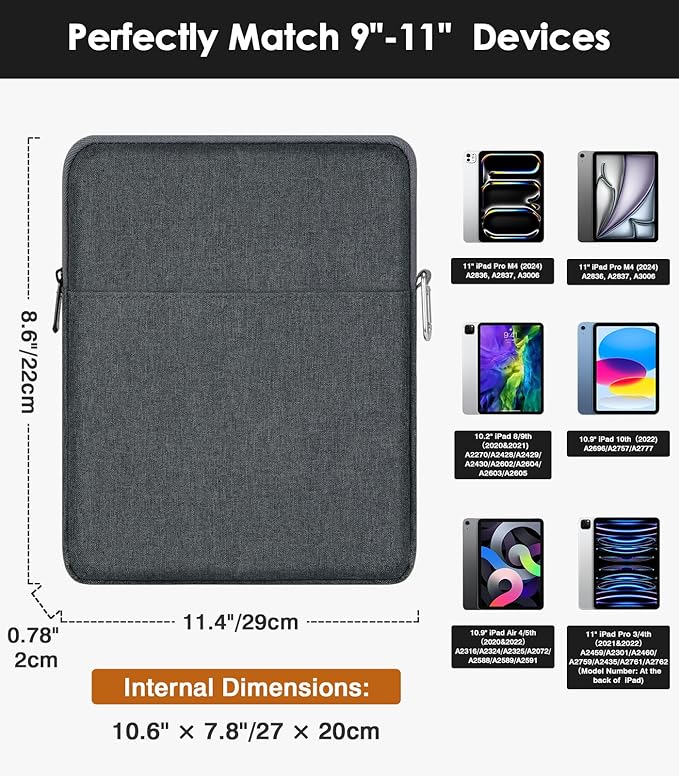 MoKo 9-11 Inch Tablet Sleeve Bag Carrying Case Fits New 11-inch iPad Pro M4/iPad Air M2 2024, Air 5/4/3 10.9"/10.5", Pro 11 M2, i-Pad 10th 10.9, i-Pad 9/8th Gen 10.2, Tab S8/S9 11", Space Gray