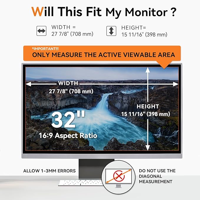 [2-Pack] 32 Inch Computer Blue Light Blocking Screen Protector for 16:9 Widescreen Monitor, Anti Glare Anti-UV Eye Protection Desktop PC LED Monitor Filter, Removable Anti-Scratch Screen Film 32in