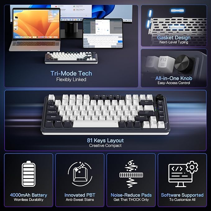 Redragon K673 PRO 75% Wireless Gasket RGB Gaming Keyboard, 3-Modes 81 Keys Compact Mechanical Keyboard Hot-Swap Socket, Dedicated Knob Control and 5-Layer Noise Dampening, Linear Red Switch