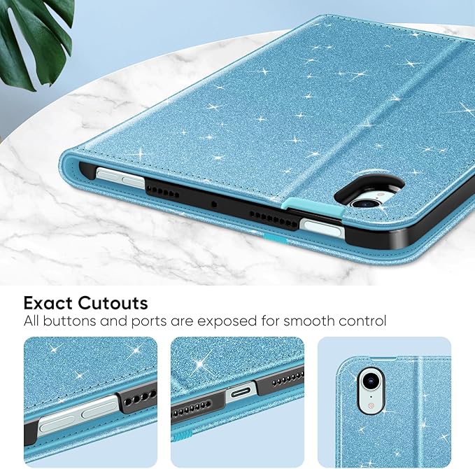 Fintie Folio Case for iPad Mini 7 (A17 Pro, 7th Generation) 2024 / iPad Mini 6 (6th Gen) 8.3 Inch, Multi-Angle Smart Stand Cover with Pencil Holder & Pocket, Auto Sleep/Wake, Glittering Blue