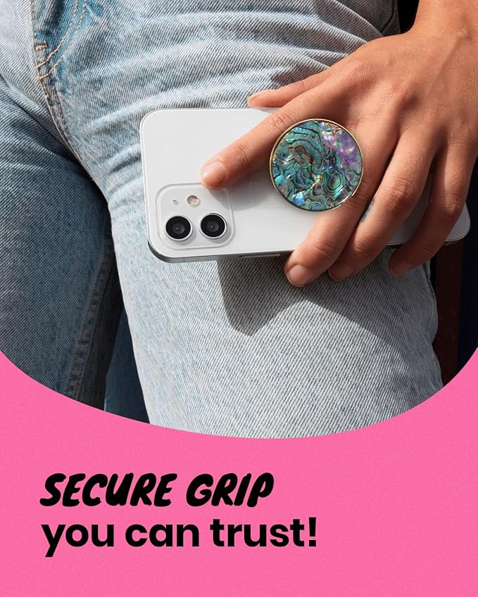 On The Grip Universal Phone Grip & Stand, Genuine Natural Gemstone/Seashell, Strong Adhesive Finger Holder, Collapsible Socket for iPhone, Samsung Galaxy, Kindle and Tablets (Black Fresh Water)