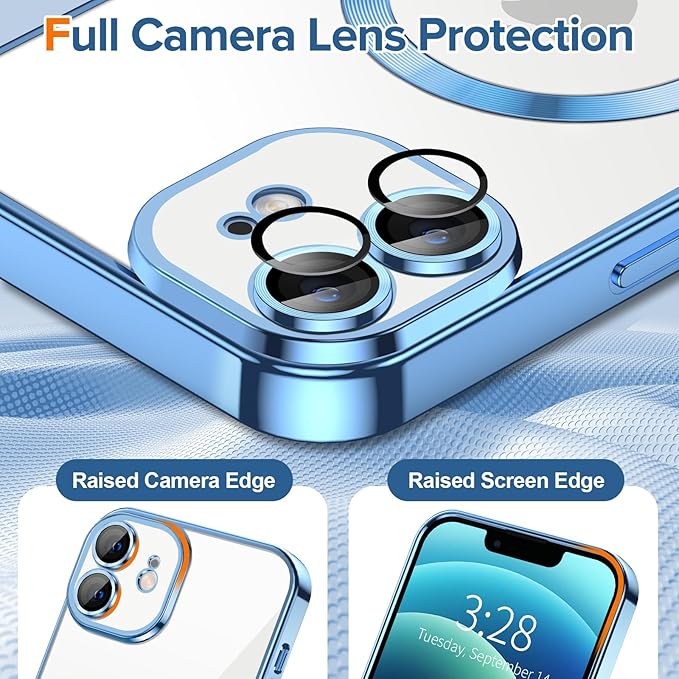 Hython Magnetic Clear for iPhone 12 Case with Camera Lens Protector [Compatible with MagSafe] Luxury Plating Edge Slim Soft TPU Cover Protective Phone Case for iPhone 12 6.1", Light Blue