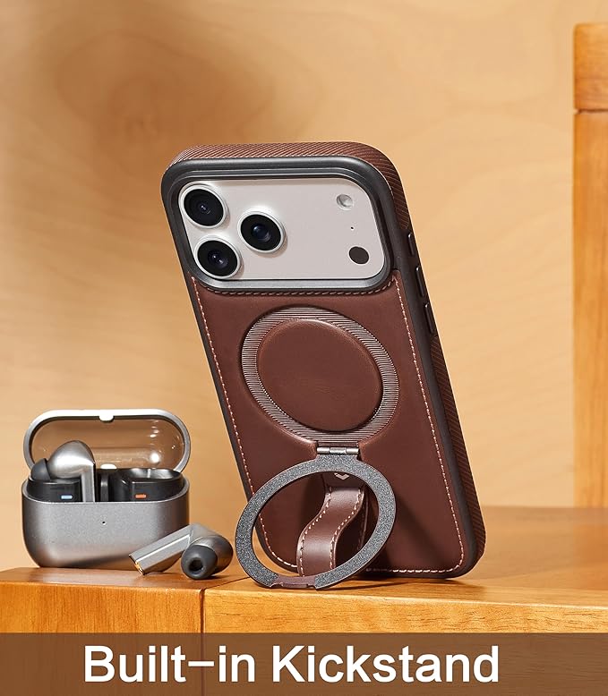 Butaiga for iPhone 17 Pro Leather Case with Stand, Anti-Slip Grip Ring, Fits for MagSafe (Cocoa, iPhone 17 Pro)