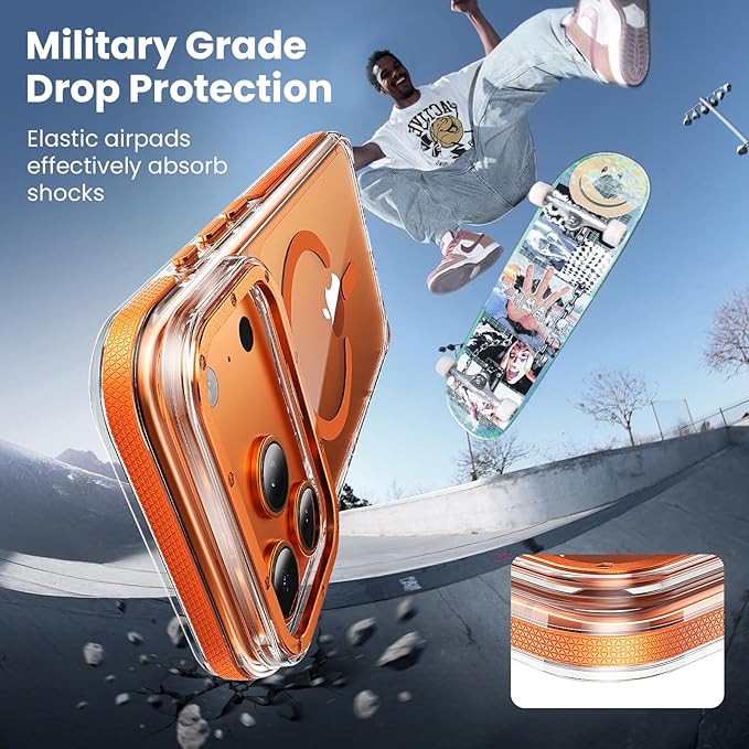 Anti-Yellowing Strong Magnetic for iPhone 17 Pro Case with Screen Protector*1 Camera Lens Protector*1,Fits MagSafe,[12FT Military Grade Drop] Slim Thin Cover, Clear Orange