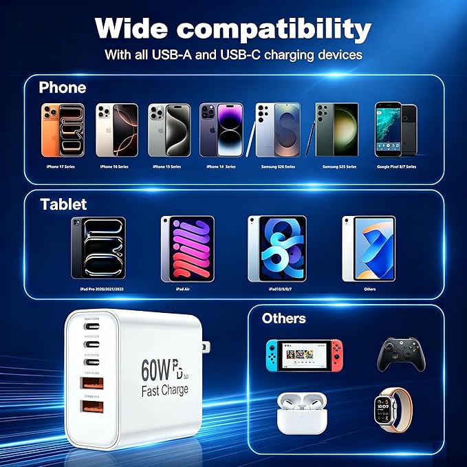 USB C Fast Charger Block, 5-Port 60W USB-C Wall Charger Plug, Multiport Phone Charging Cube,Type C Power Adapter Brick Box for Apple iPhone 17 16 15 14 13 12 11 7 6 Pro Max/Plus,iPad Air/Mini,Samsung