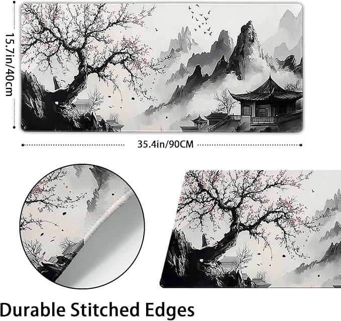 Japanese Mouse Pad XXL 35.4x15.7 Inch Japanese Cherry Blossom Gaming Mouse Pad Non-Slip Rubber Base with Stitched Edges Japanese Anime Desk Mat Extended Large Mousepad for Home Office Gaming Work