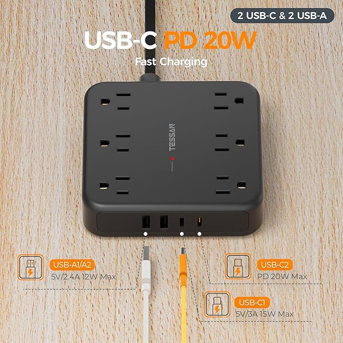 TESSAN 15Ft Black Extension Cord with Multiple Outlets, Surge Protector Power Strip with 6 Outlets and 4 USB Ports (2 USB C), 2100 Joules Protection, Flat Plug, Outlet Extender for Home, Office, Dorm