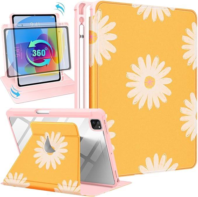 Uppuppy for iPad Pro 12.9 Case Folio Cover with Pencil Holder Girls Women Cute Kids Girly Flower Pretty Floral Kawaii Yellow Rotating Stand for Apple iPad Pro 12.9 Inch Cases 2022/2021/2020/2018