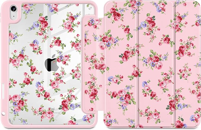 Case for iPad Air 13 inch 2026 M4 2025 M3 2024 M2 Release Slim Lightweight Shockproof Cute Light Pink Cover with Clear Back TPU Edge Pencil Holder Trifold Stand Auto Wake Sleep, Elegant Rose