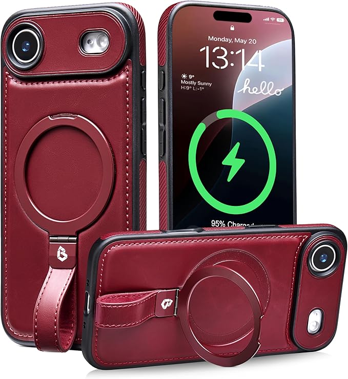 Butaiga for iPhone Air Leather Case with Stand, Anti-Slip Grip Ring, Fits for MagSafe (Burgundy, iPhone Air)