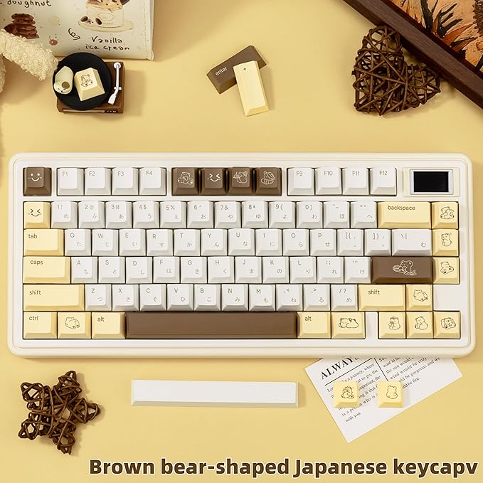 Minimalist Yellow PBT Keycaps 134Keys - Custom Cute Japanese Keycap Cherry Profile Dye Sublimation - Brown Bear Key caps for Cherry MX, Outemu, Gateron Mechanical Keyboards